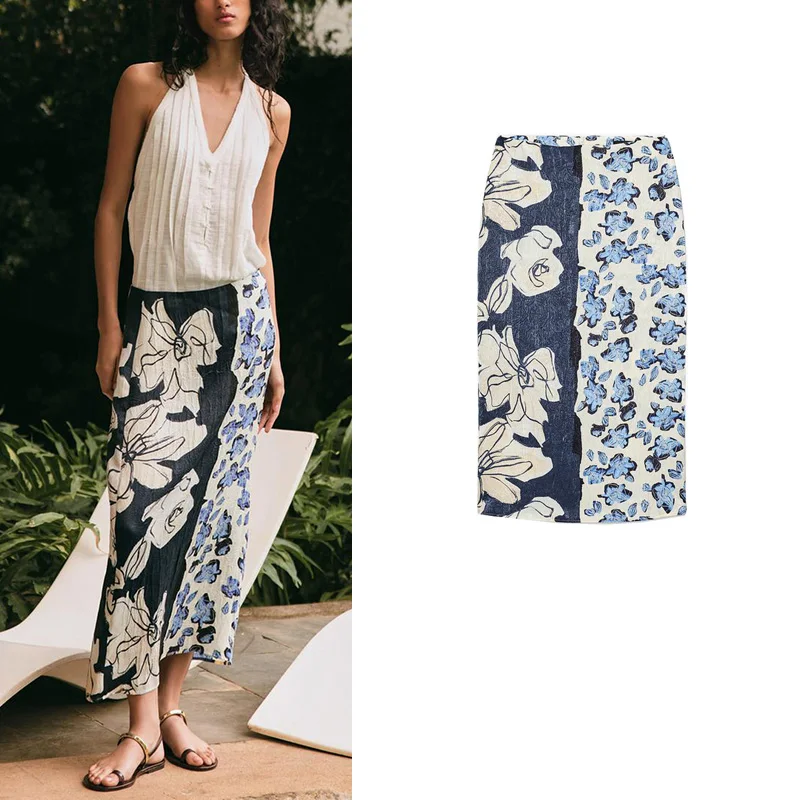 Elegant Summer New Women's Midi Skirt Silk Satin Texture Floral Print High Waist Straight Cut Midi Dress Office Commute Style