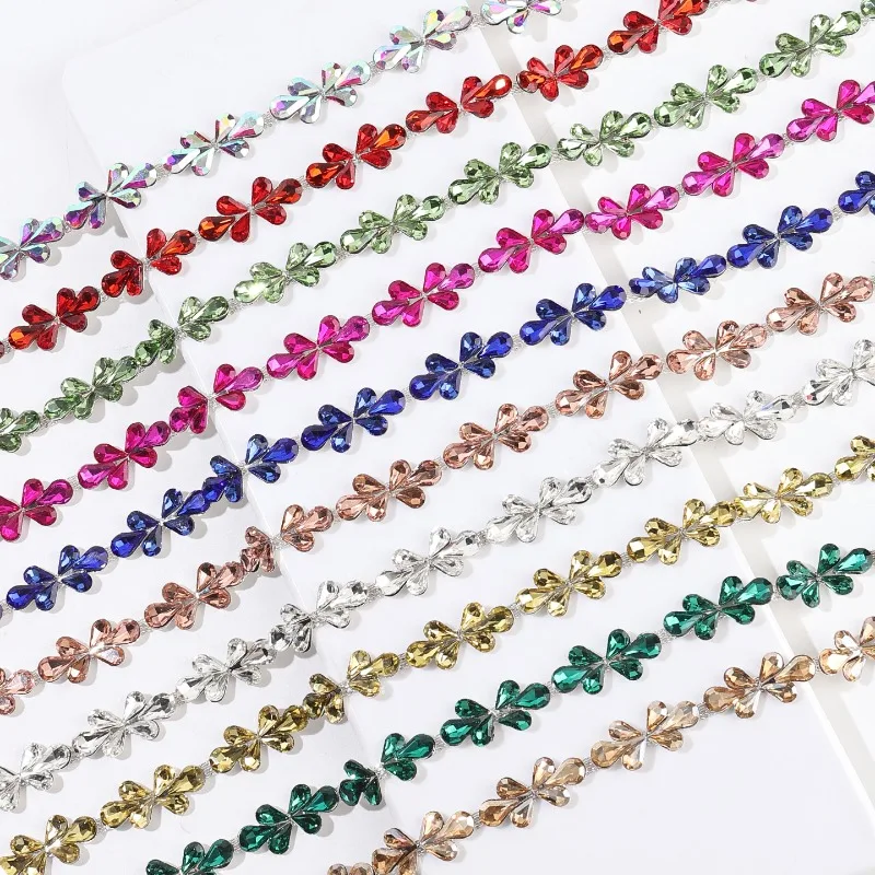 10Y Premium Quality Water Drop Four - Leaf Clover Rhinestone Chains for Clothing Accessories Perfect for Bridal and Formal Wear