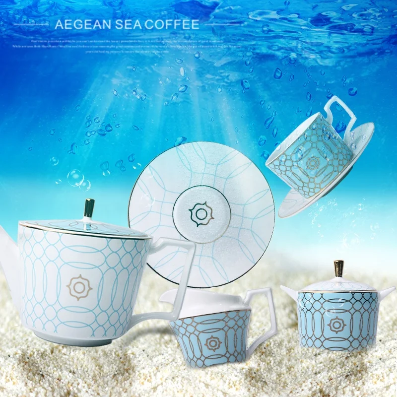 New design bone china coffee cup ceramic saucers banquet reception ceramic tea sets blue and white