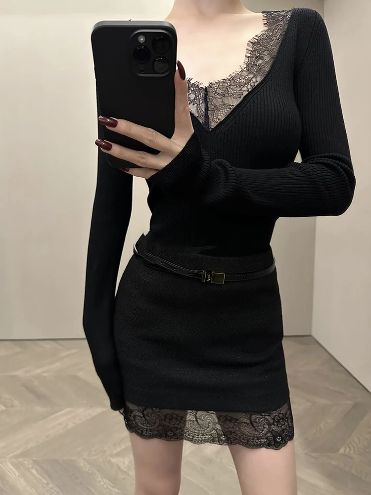 V-neck lace splicing knitted bottoming shirt simple temperament versatile elastic Slim black women's sweater 2025 spring new