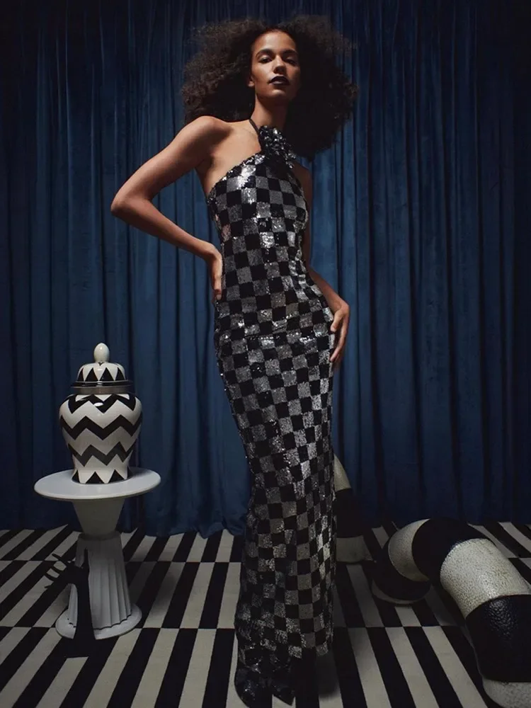 

2025 Luxury Women Celebrity Sexy Plaid Backless Flower Mesh Sequins Maxi Long Gowns Dress Elegant Evening Party Club Vestido
