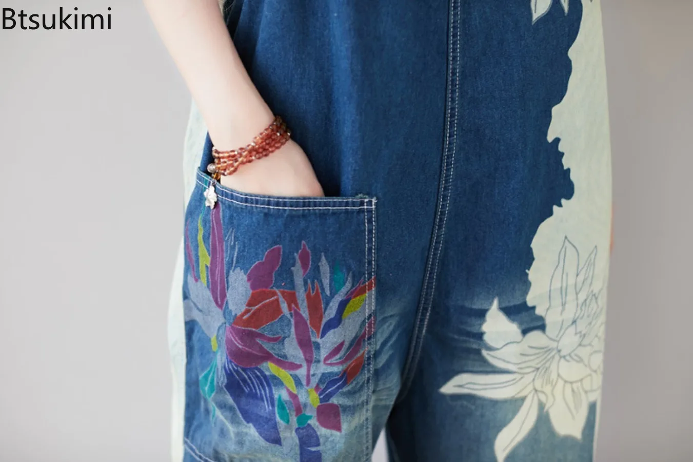 2025 Korean Fashion Women's Printed Denim Overalls Spring Casual Vintage Baggy Jeans Women Wide Leg Strap Pants Street Jumpsuits