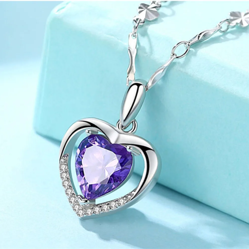 WOSIKATE Korean 925 Sterling Silver Heart Pendant Necklace For Women Fashion Jewellery Amethyst Sapphire Zirconia Chain Necklace