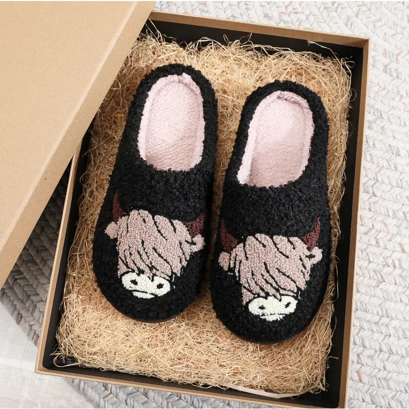 

Home Plush Upper Men Cartoon Dog Cow Comfortable Warm Indoor Wool Slippers Women Winter Animal Embroidery Cotton Warm Slippers