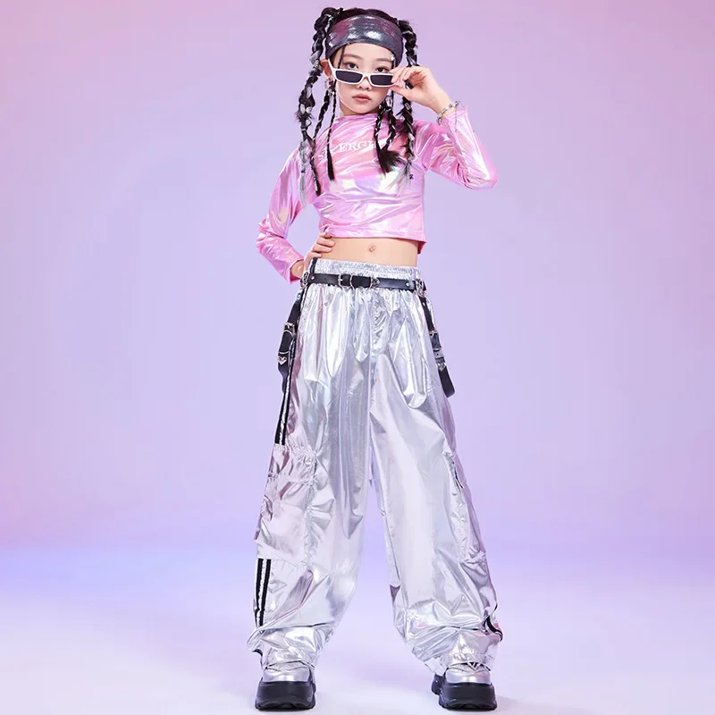 Mädchen Hip Hop Tanzkostüm Kinder Rosa Laser Crop Top Silber Cargohose für Kinder Jazz Street Performance Kleidung