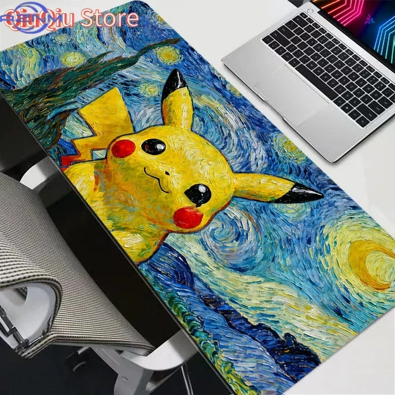 Pikachu Starry Night Sunflower Oil Painting Anime Large Mousepad, Rubber Non Slip Desk Mat for Gaming and Office Desktop Decorat