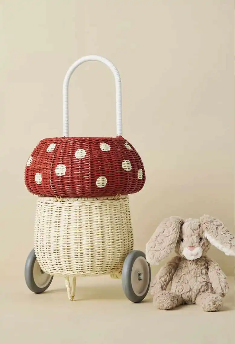 Nordic Children Rattan Woven Storage Basket Mushroom Hand Pull Cart Baby Room Decoration Kindergarten Photography Props