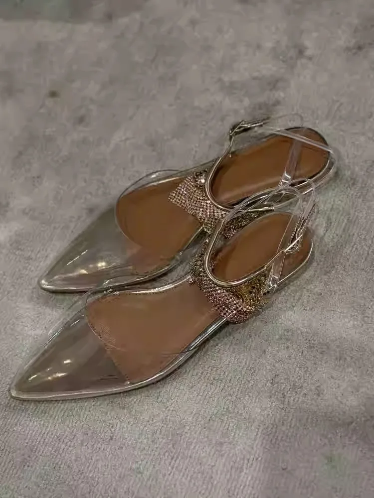

French Style Transparent PVC Crystal Sandals Pointed Toe Rhinestone Pointed Toe Flats Fairy Style Women's Shoes