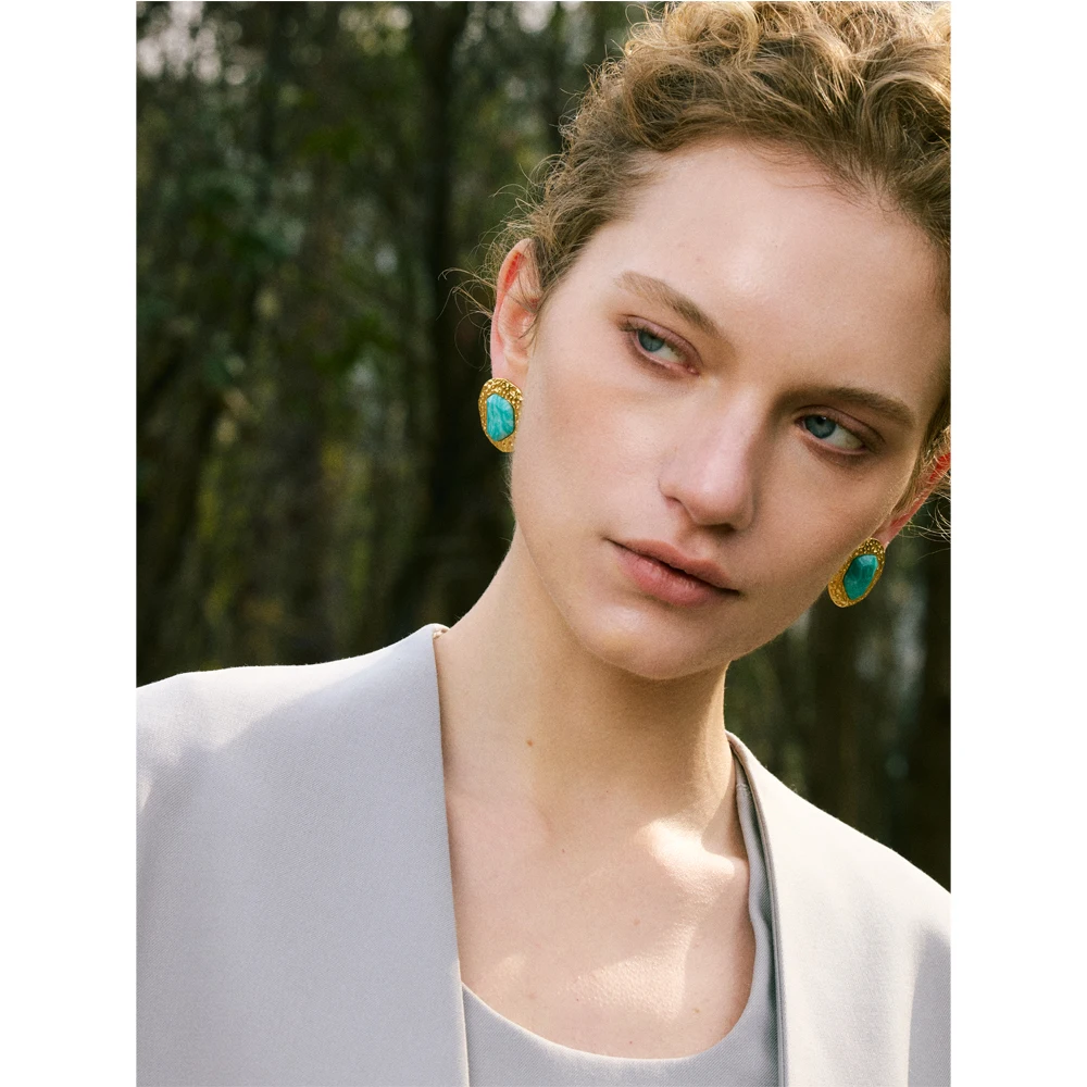 Yhpup Natural Amazonite Stone Stainless Steel Golden Stud Earrings 18k PVD Plated Waterproof Fashion Metal Daily Charm Jewelry