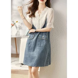 Women Lace Embroidery Denim Patchwork Chic Sweet Kawaii Pockets Midi Dress 2024 Summer V-neck Short Sleeve Loose Elegant Dresses