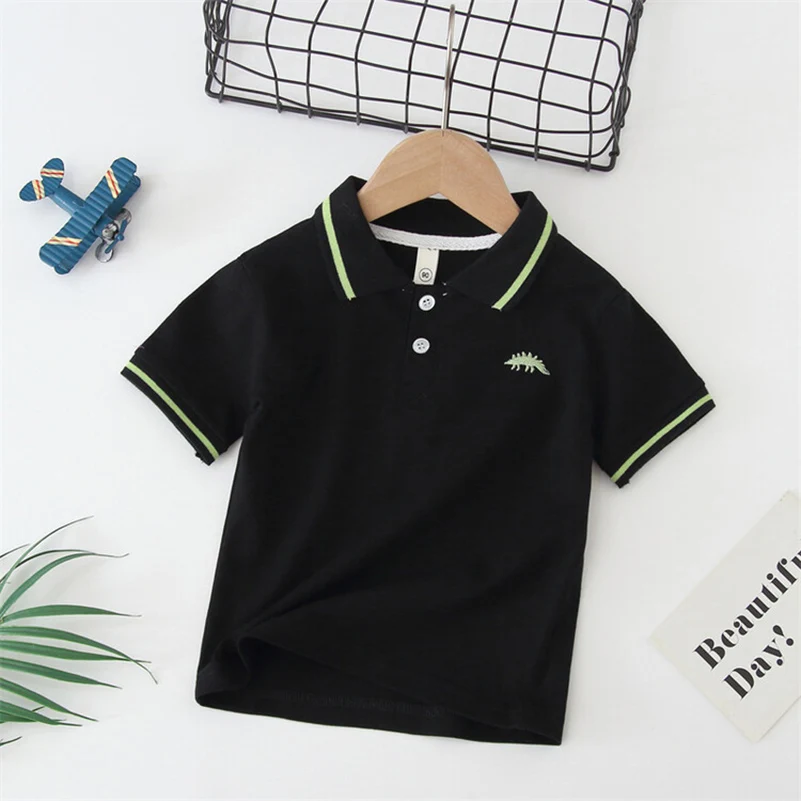 Summer Boys 2024 Korean Fashion Casual Breathable Solid Color Embroidered Cartoon Dinosaur/POLO Shirt/2-7 Years Old