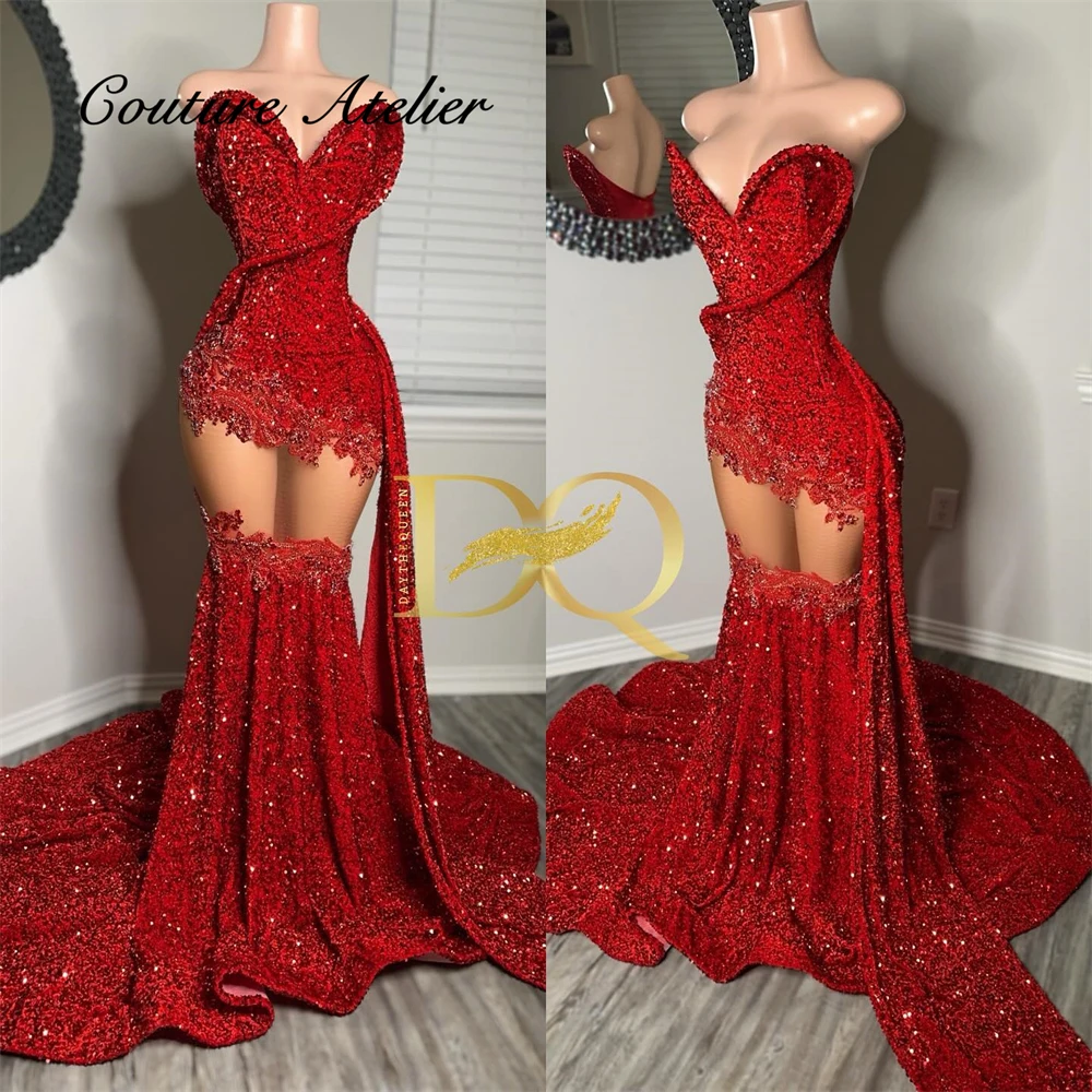 

See Thru Red Velvet Sequin Crystal Prom Dress Luxury Black Girls Mermaid Cocktail Dresses Wedding Dress Africa Customized