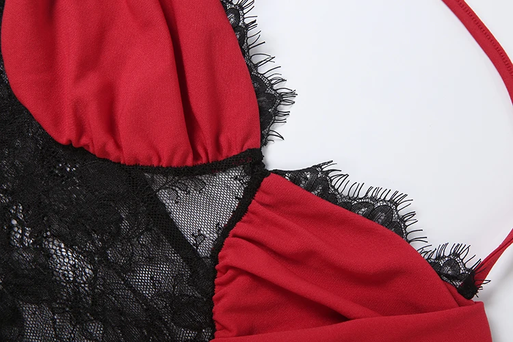 Weird Puss Spitzen-Patchwork-Kleid für Damen, Neckholder, tiefer Ausschnitt, Falten, rückenfrei, ärmellos, eng anliegend, hohe Elastizität, sexy, für Partys, figurbetont – Detail 7