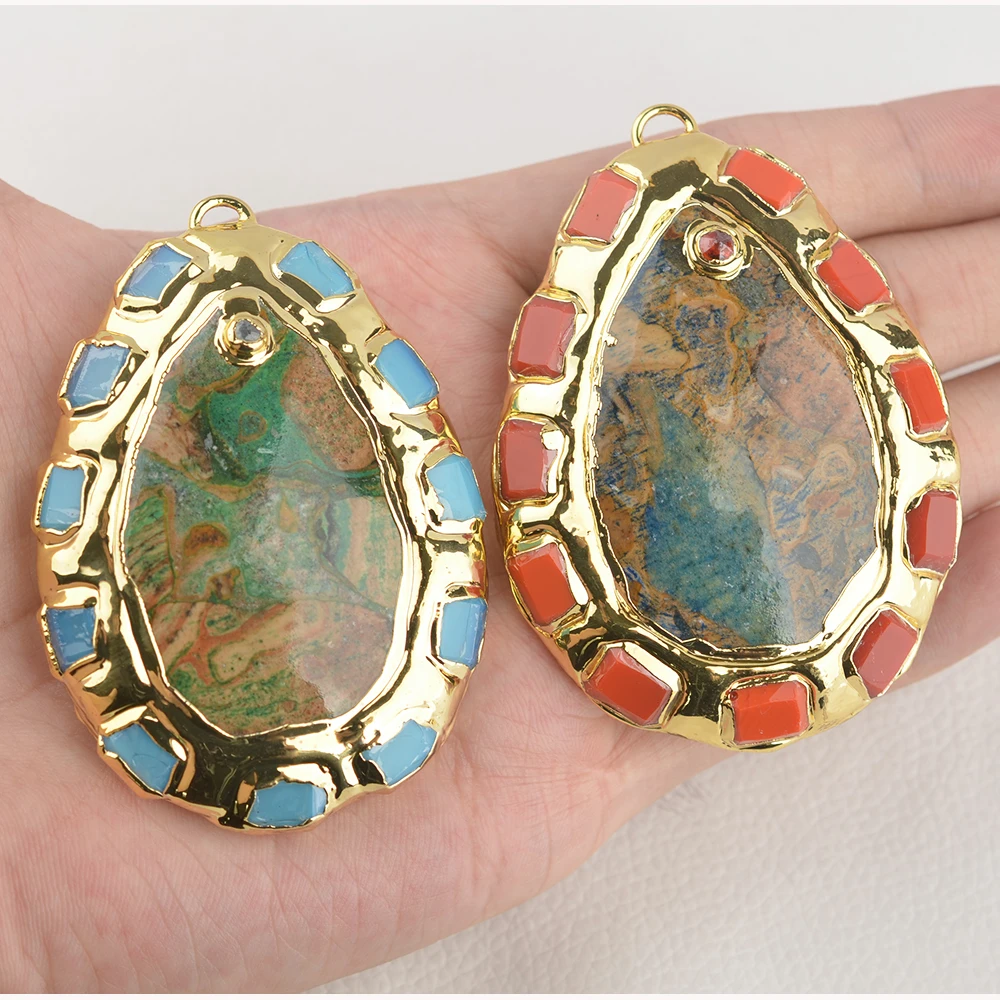 

1PC Natural Blue Ocean Jasper Water drop Shape Nugget Red Jade Pendant Gold Plated Necklace Pendant Jewelry Making DIY