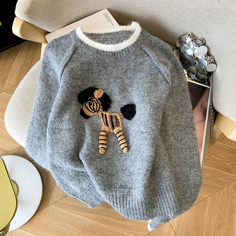 

Женский серый трикотаж с героями мультфильмов, круглый вырез, длинный рукав, Y2K, японский эстетический Harajuku, милый повседневный осенне-зимний свитер, одежда