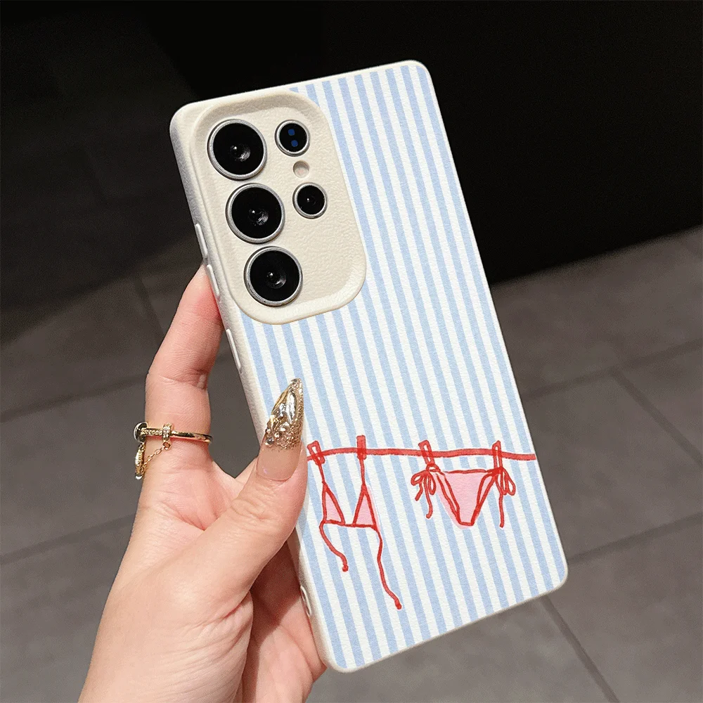 Blue White Striped Bikini Phone Case for Samsung Galaxy S26 Ultra S25 S24 FE S23+ S22 Plus Silicone Matte Soft Shockproof Cover