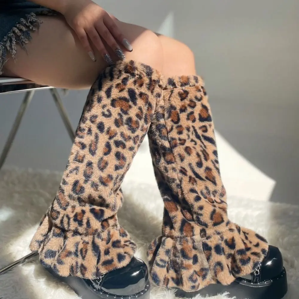 

Soft Leopard Print Winter Leg Warmers Y2K Pleated Furry Leg Warmers Dot Stripe Lolita JK Plush Leg Coverings Spicy Girls