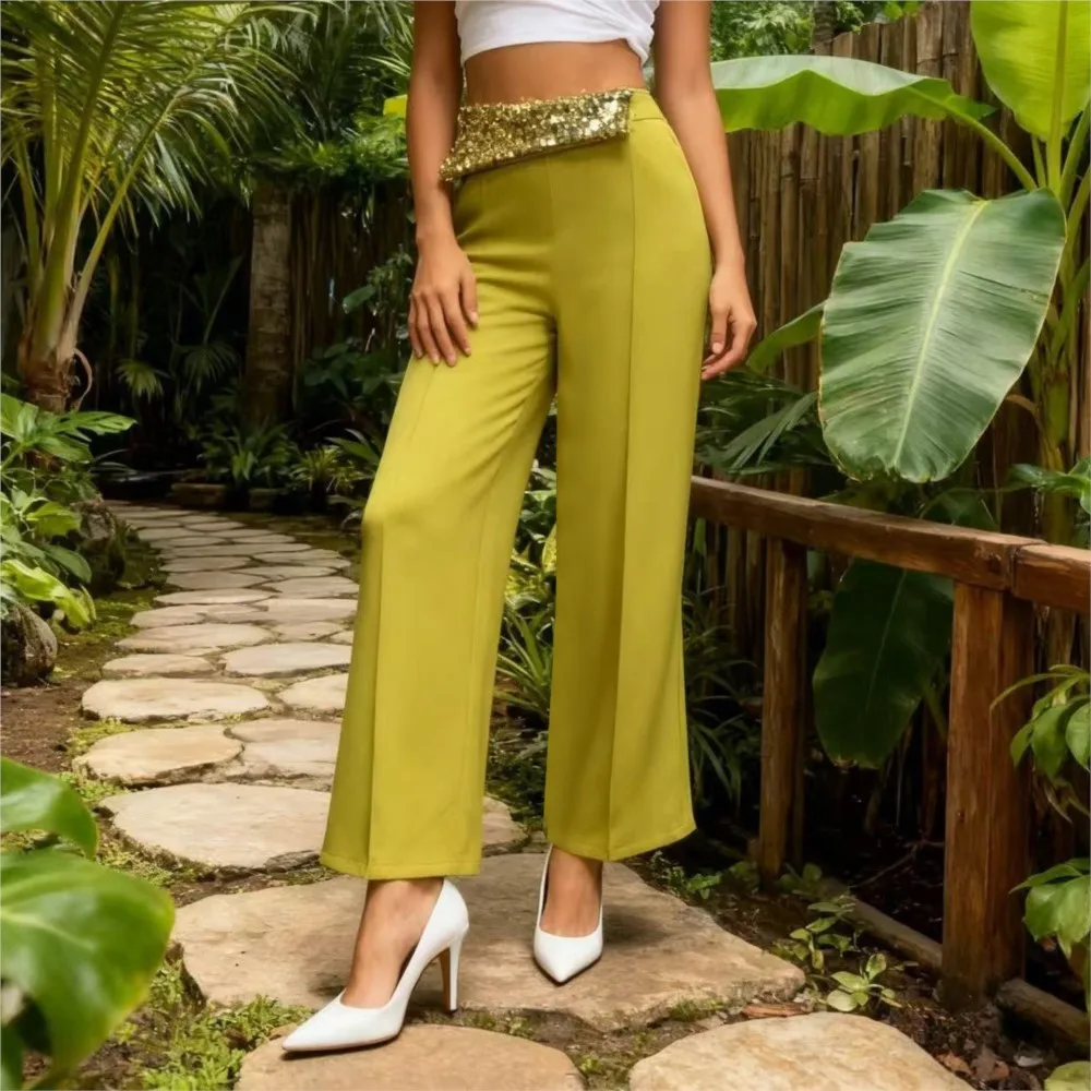 موضة الترتر خياطة عالية الخصر بنطلون المرأة ربيع جديد مكتب التخسيس عالية الخصر مستقيم من خلال بنطلون أنثى #3