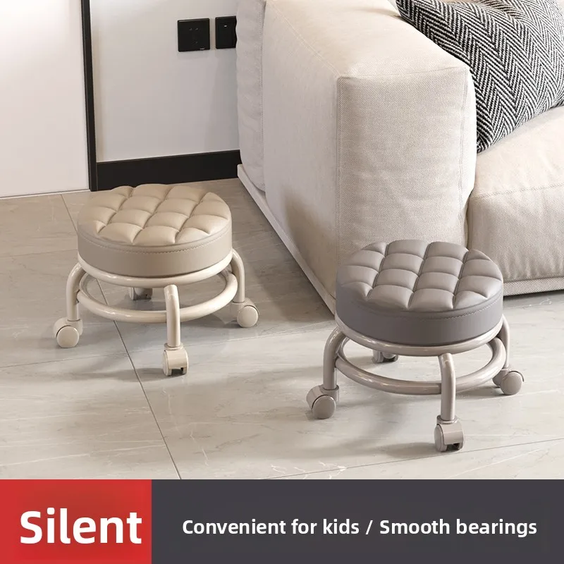 rolling-baby-walker-stool-with-dollies-multi-directional-wheels-low-height-foot-care-round-stool-rubber-wood-leather-finish