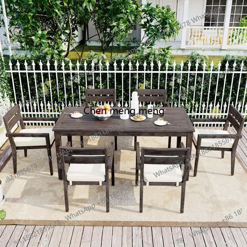 7-Pc Acacia Wood Outdoor Dining Set with Cushions, Modern Design, 6 Chairs & 1 Large Table, Perfect for Lawn, Backyard, Garden
