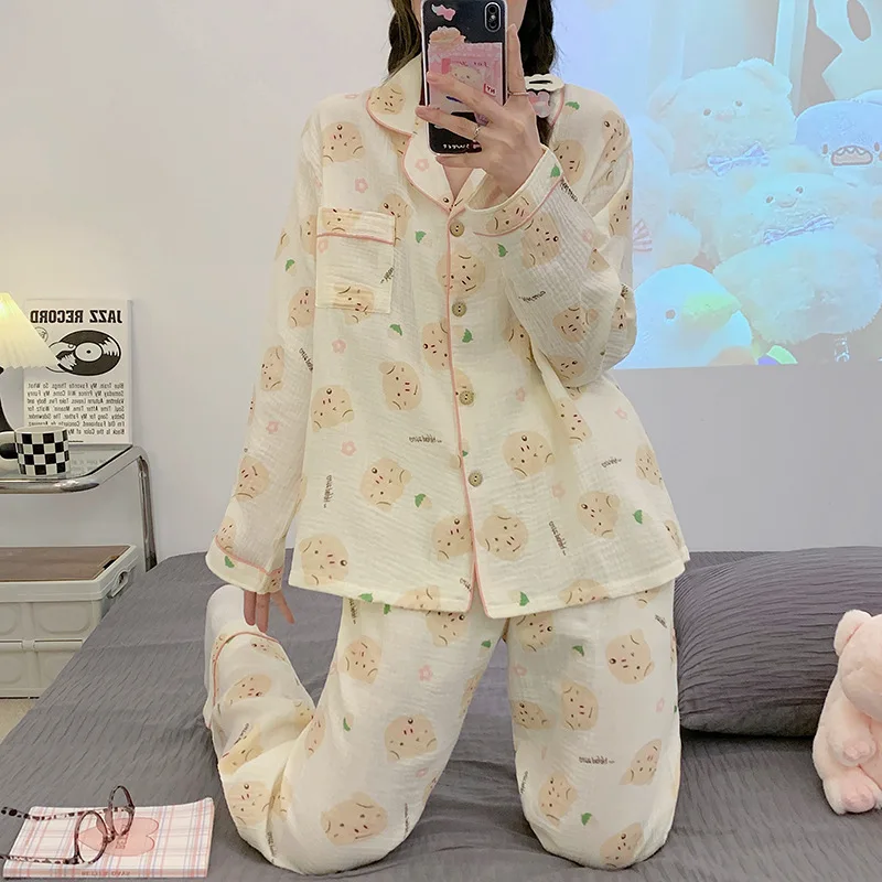 Women's 2 Pieces Pajamas Set Female Pyjama Cotton Pijama Women Long Sleeve Lapel Shirt Pants Suit Sleepwear Homewear Nightwear