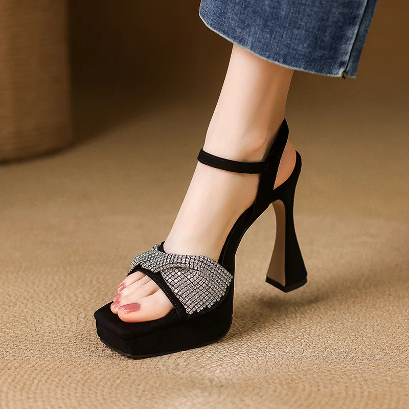 10.5Cm Platform Rhinestone Sandals Comfortable Thick-Heeled Matte Leather Women's Shoes Inner Height-Enhancing Black High Heels