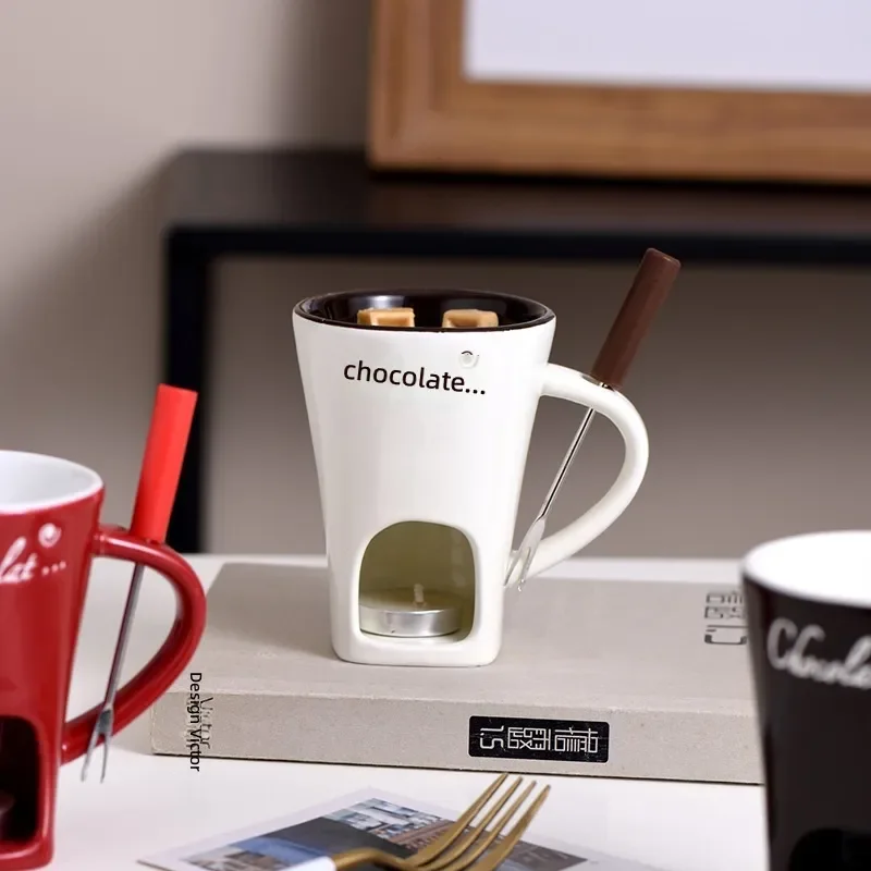 for European Cross Border Ice Cream Cheese Chocolate Melting Furnace Creative Ceramic Hot Pot with Fork Candle Heating
