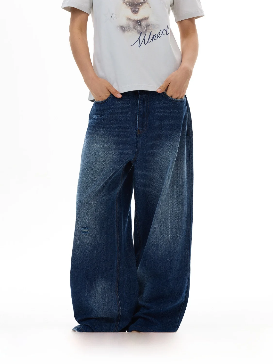 WLNEXT Calças Jeans Estilo Retrô Americano Unissex, Marca de Moda, Perna Larga, com Efeito Rasgado e Padrão Bambu, para Casai...