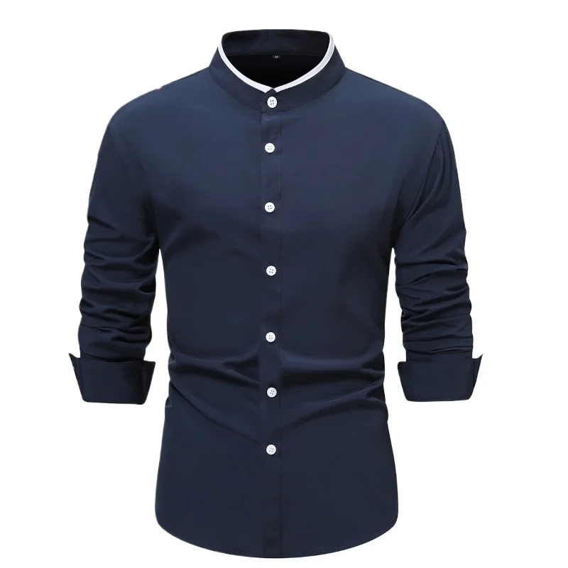 Solid Color Navy Blue Long-sleeved Casual Shirt Fashionable Stand-up Collar Patchwork Single-breasted Shirt