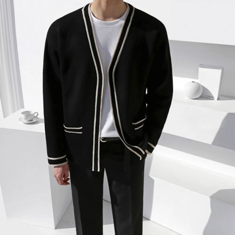 Maglione lavorato a maglia con scollo a V da uomo - Cardigan casual stile coreano dalla vestibilità ampia, capispalla di lusso leggero primavera/autunno