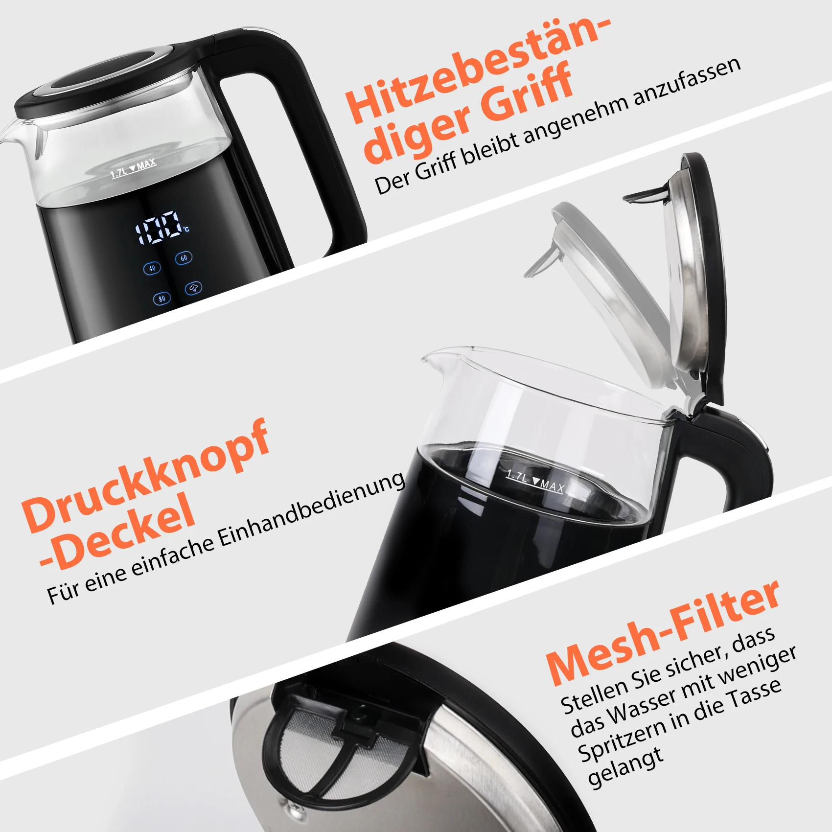 غلاية تايلور سوودن سعة 1.7 لتر مع التحكم في درجة الحرارة، شاشة عرض رقمية LED ذكية لدرجة الحرارة 40-100 ° ج، 2200 واط زجاج ستانلس ستيل