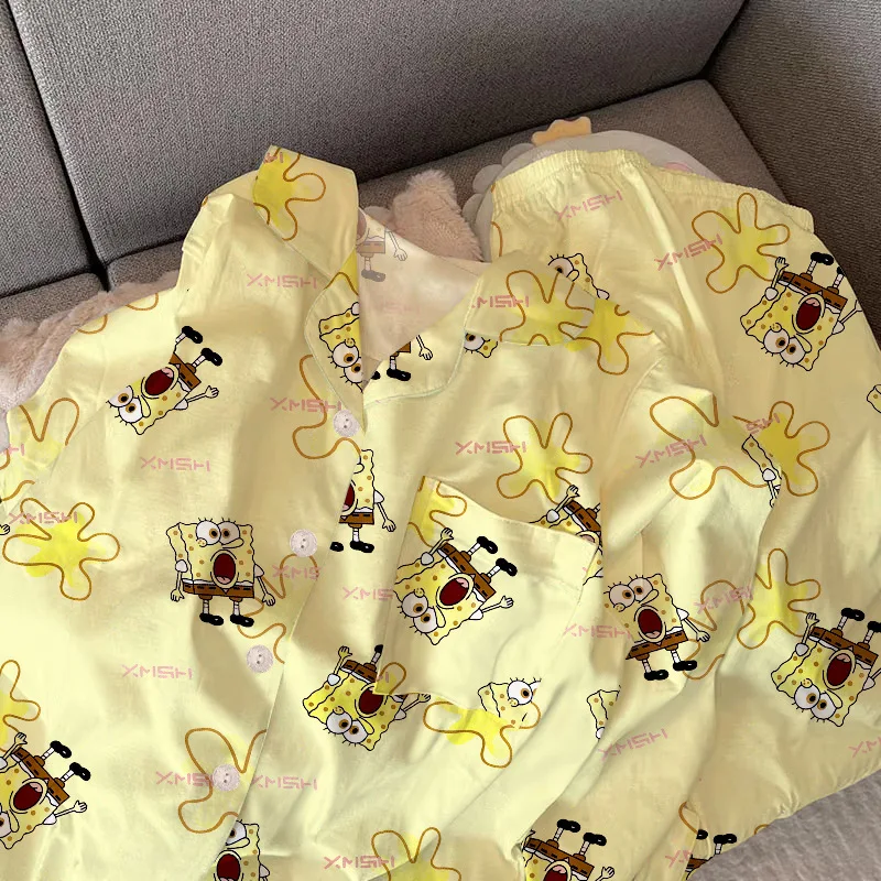 Nuevos conjuntos de pijamas Kawaii de Bob Esponja para niñas, lindos pijamas de Anime de manga larga y pantalones largos, conjuntos de ropa de casa informal de dibujos animados, regalos