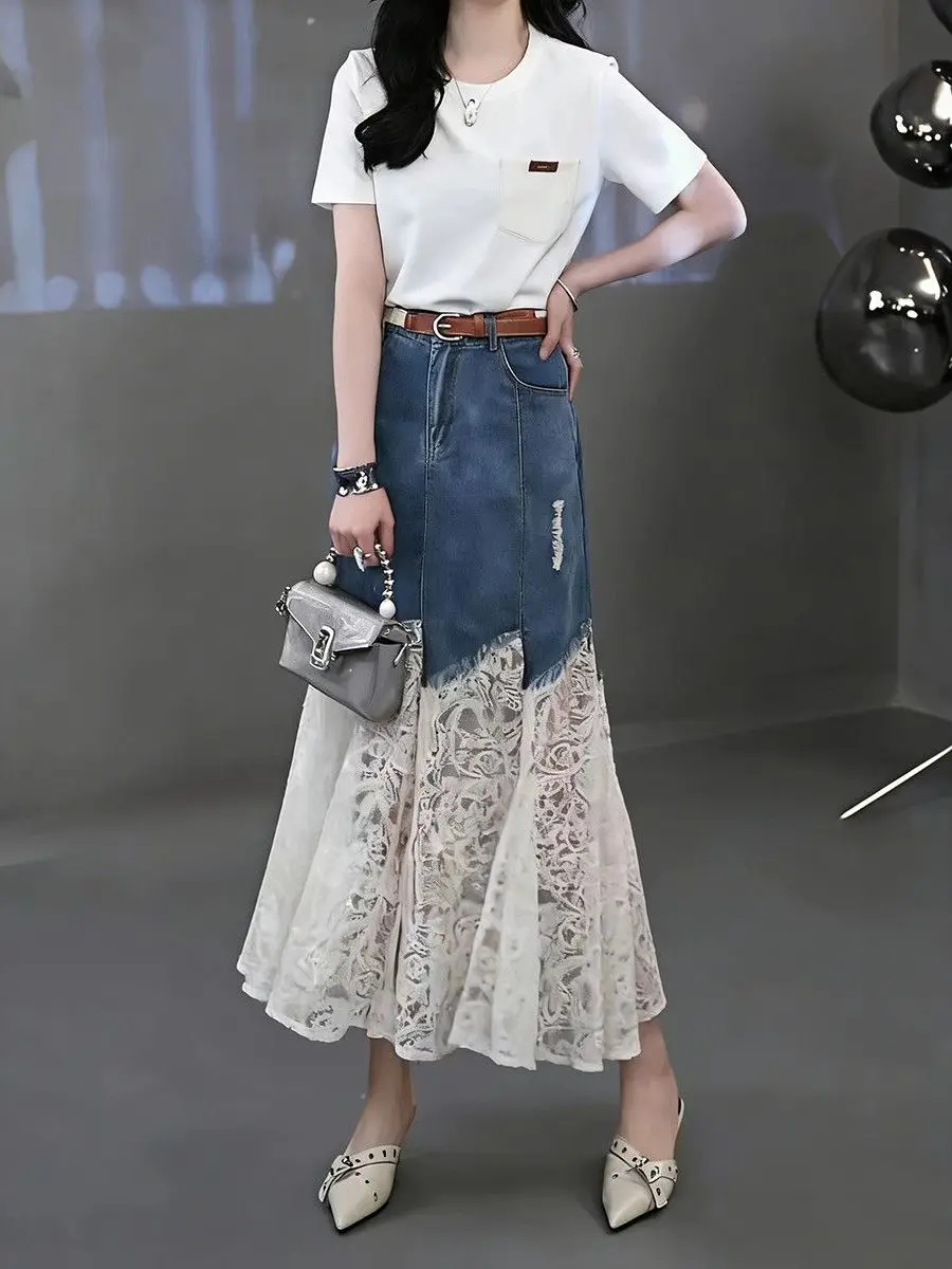 

Summer Lace Splice Long Jeans Skirt Set round Neck Short Sleeve T Shirt Women Fashionable Two Piece Suit Polyester Fiber