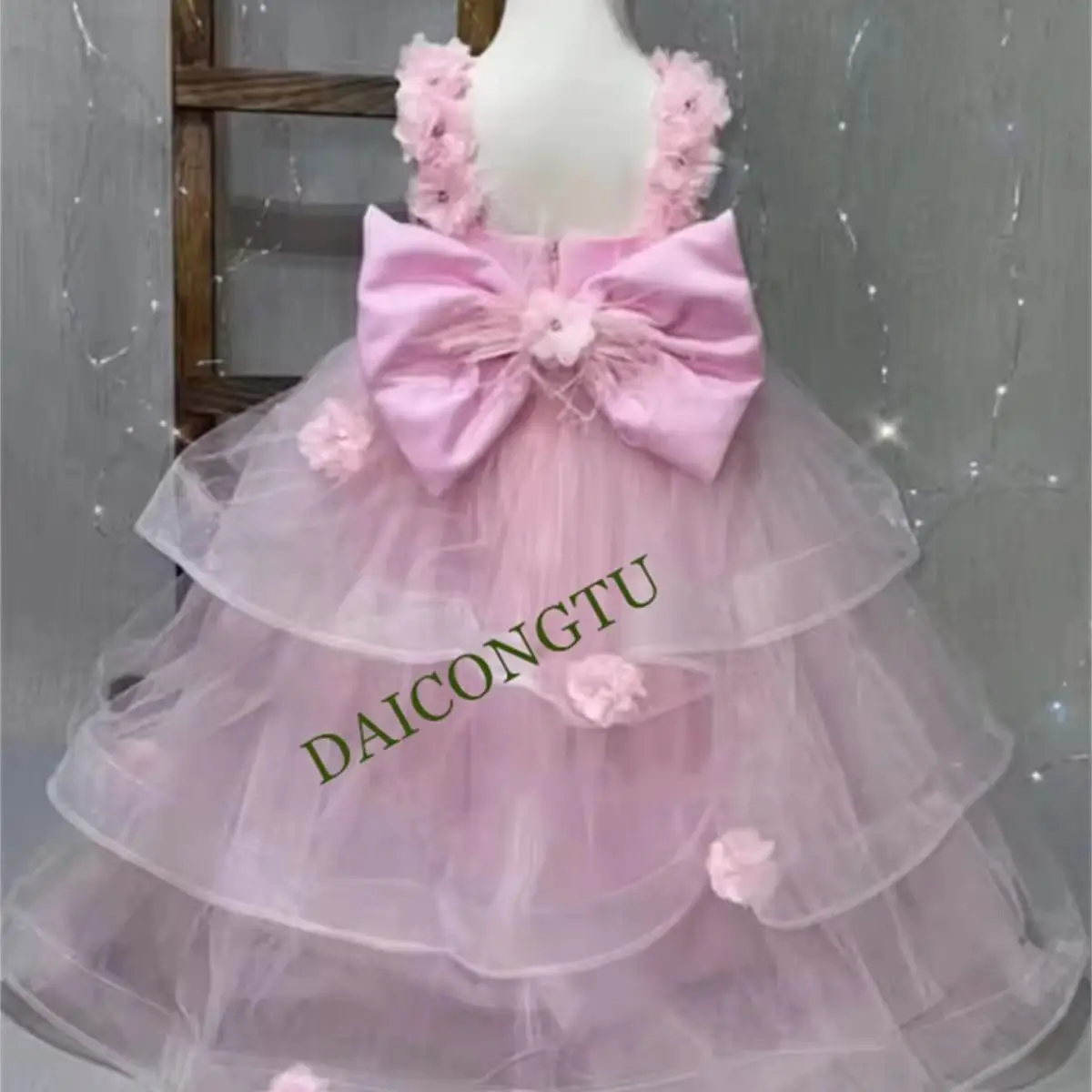 

CustomizedNew Real Flower Girl Dress Pink Tulle Floral Ball Gown Princess Birthday Party Gown Wedding Kid Dress Big Bow Handmade
