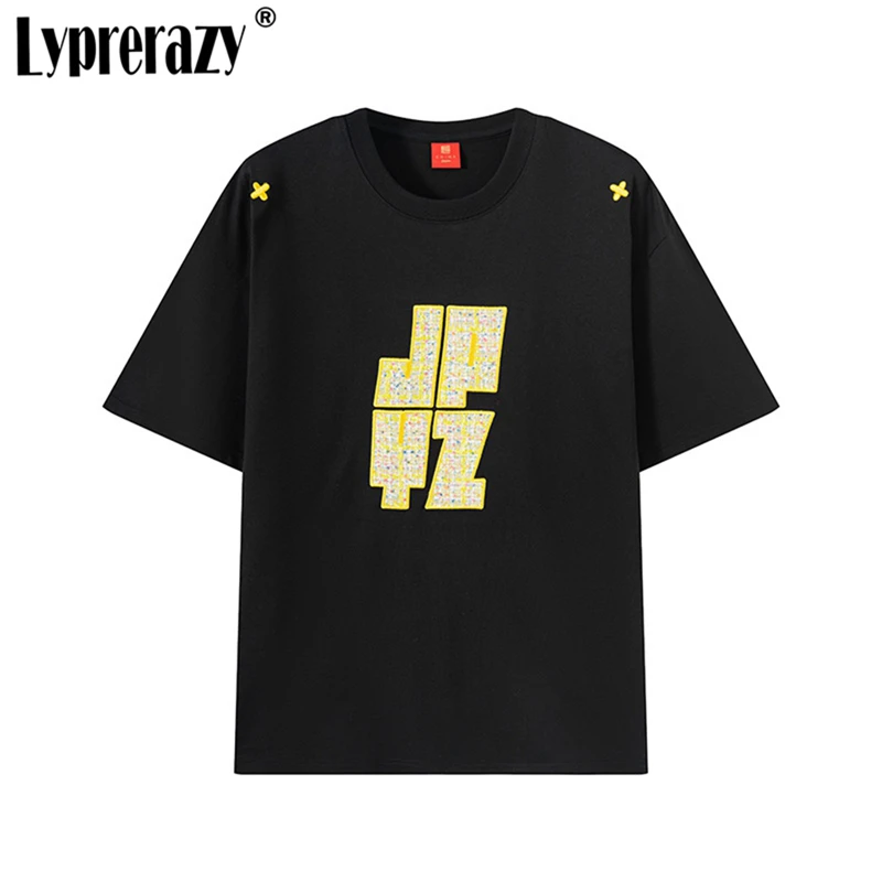 

Lyprerazy National Tide Letter Embroidery Short-sleeved T-shirt Summer Men Women Loose Cotton Tops Tees