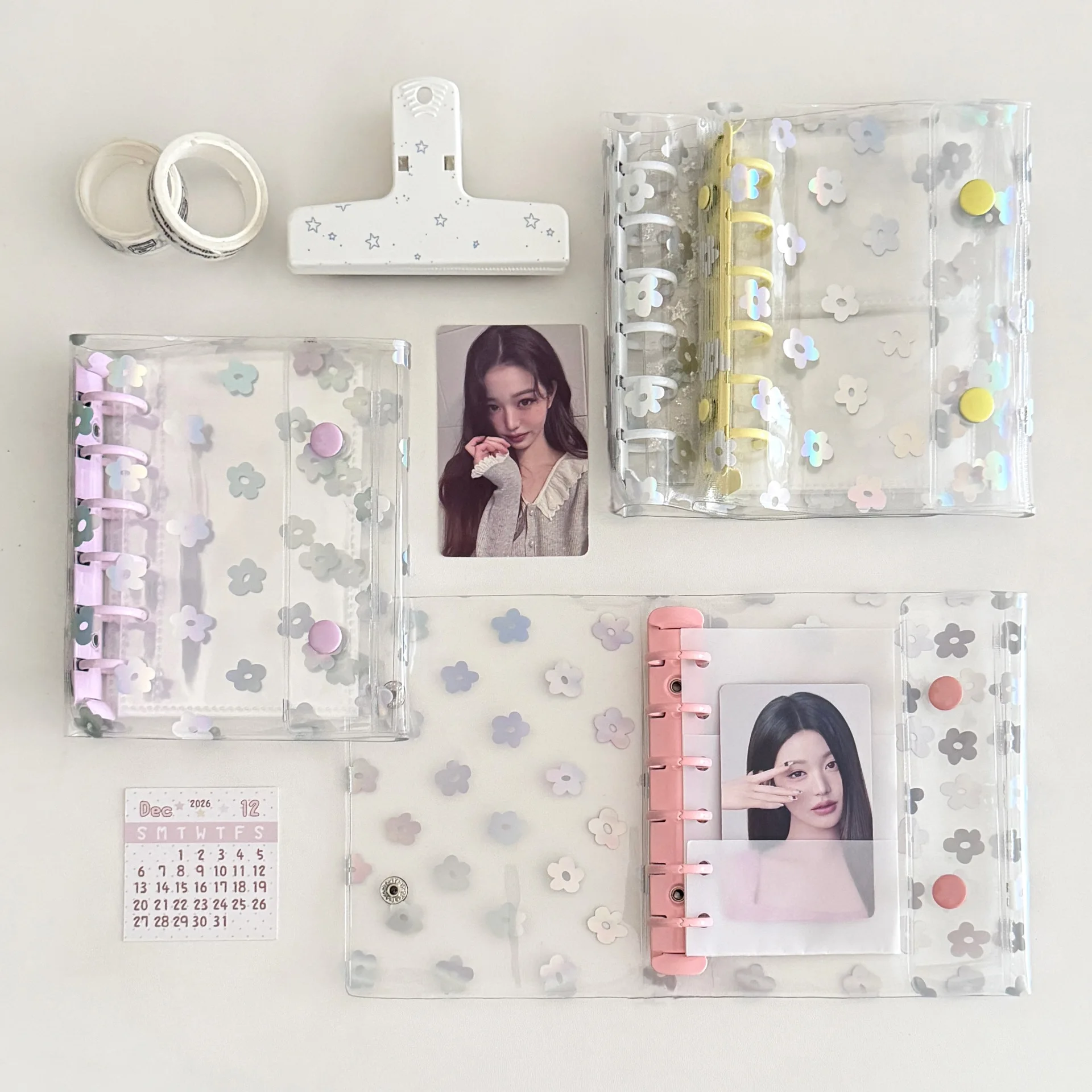 A7 Double Buckle Laser Flower Transparent PVC Color Clip Binder Guka Book Storage Album Office Stationery