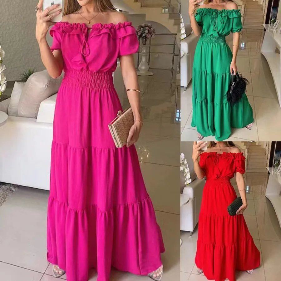 

【New style】2026 new fashion solid color lotus lace leaf edge blister bust sleeve large swing dress