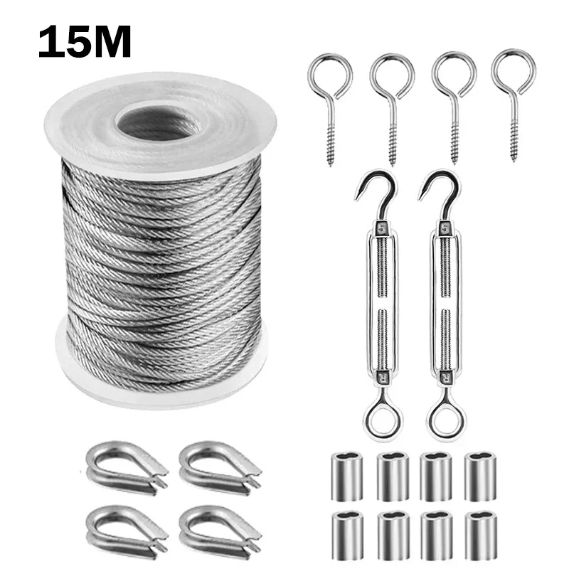 Ganchos de Cable de cuerda de alambre de 30/15M, tendedero colgante, Kit de Cable de tienda de campaña de acero inoxidable, Cable de jardín al aire libre, barandilla, juego más apretado