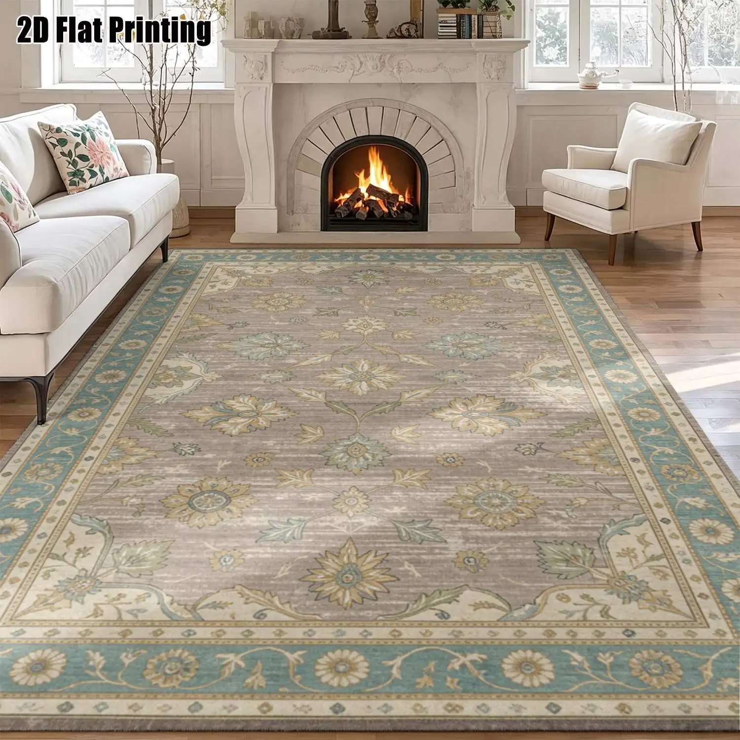 1Pc 2D Printed 1Pc Carpets: Grey-Blue Floral, Vintage, Geometric & Bohemian Styles Multi-Size, Machine Washable, Ideal for Home Decor & Multi-Scene Use.