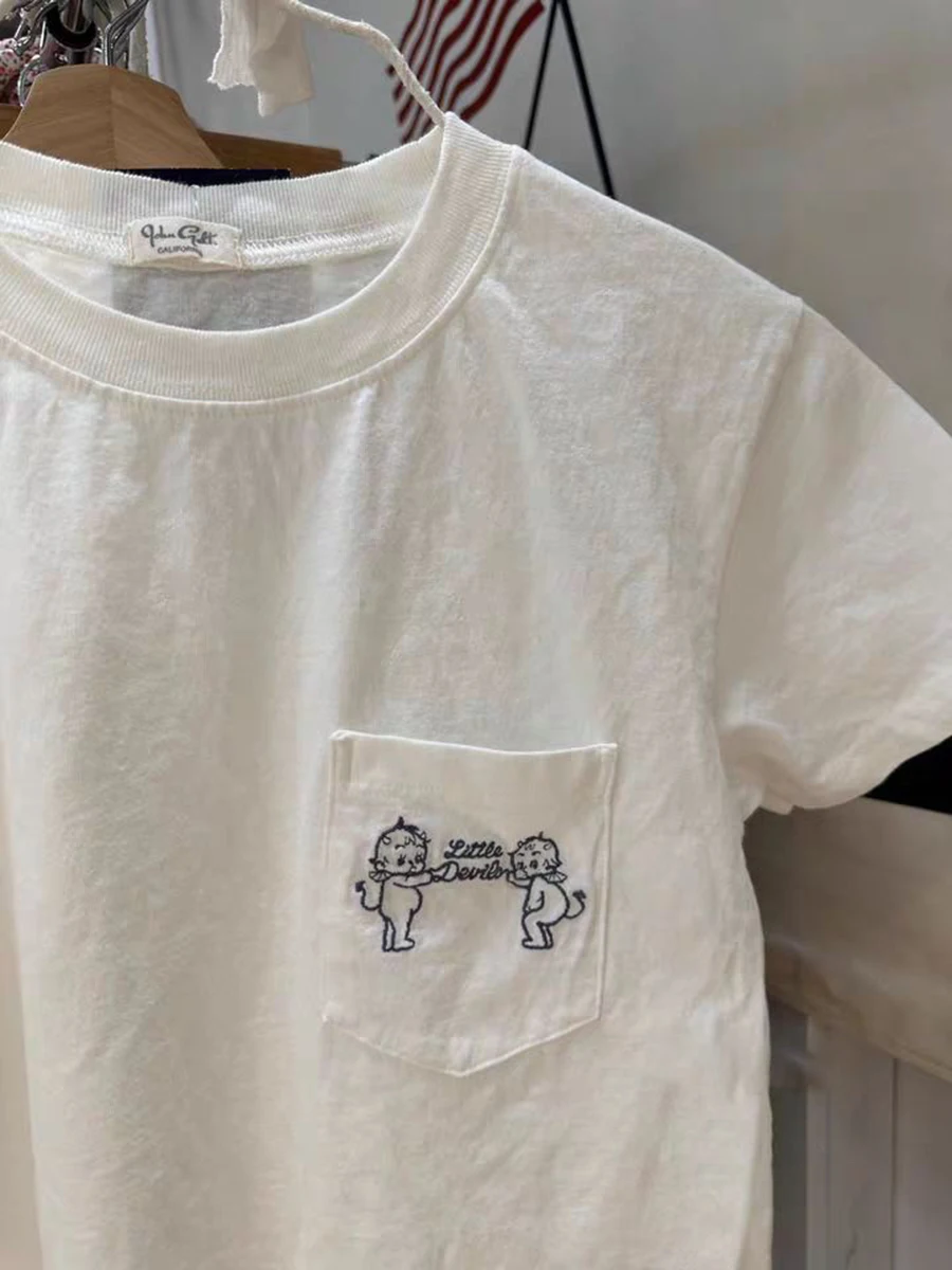 Little Devil Embroidery Cute T-Shirt Vintage Streetwear Round Neck Pocket Cotton Tee Tops Woman Casual Sweet Y2k Top 2023 Summer