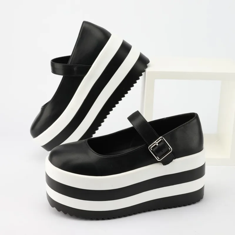 

Designer Chunky Heel Platform Women Casual Single Shoes Mixed Color Stripe Belt Buckle Pumps Fashion Flat Heel Mary Janes Shoes