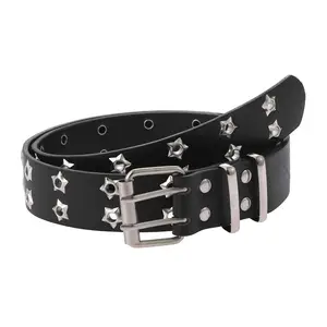 Women y2k Star Eye Rivet Belt Double Row Hole Belt Punk Waist Strap Hollow Out PU Leather Jeans Decorative Fashion Waistband