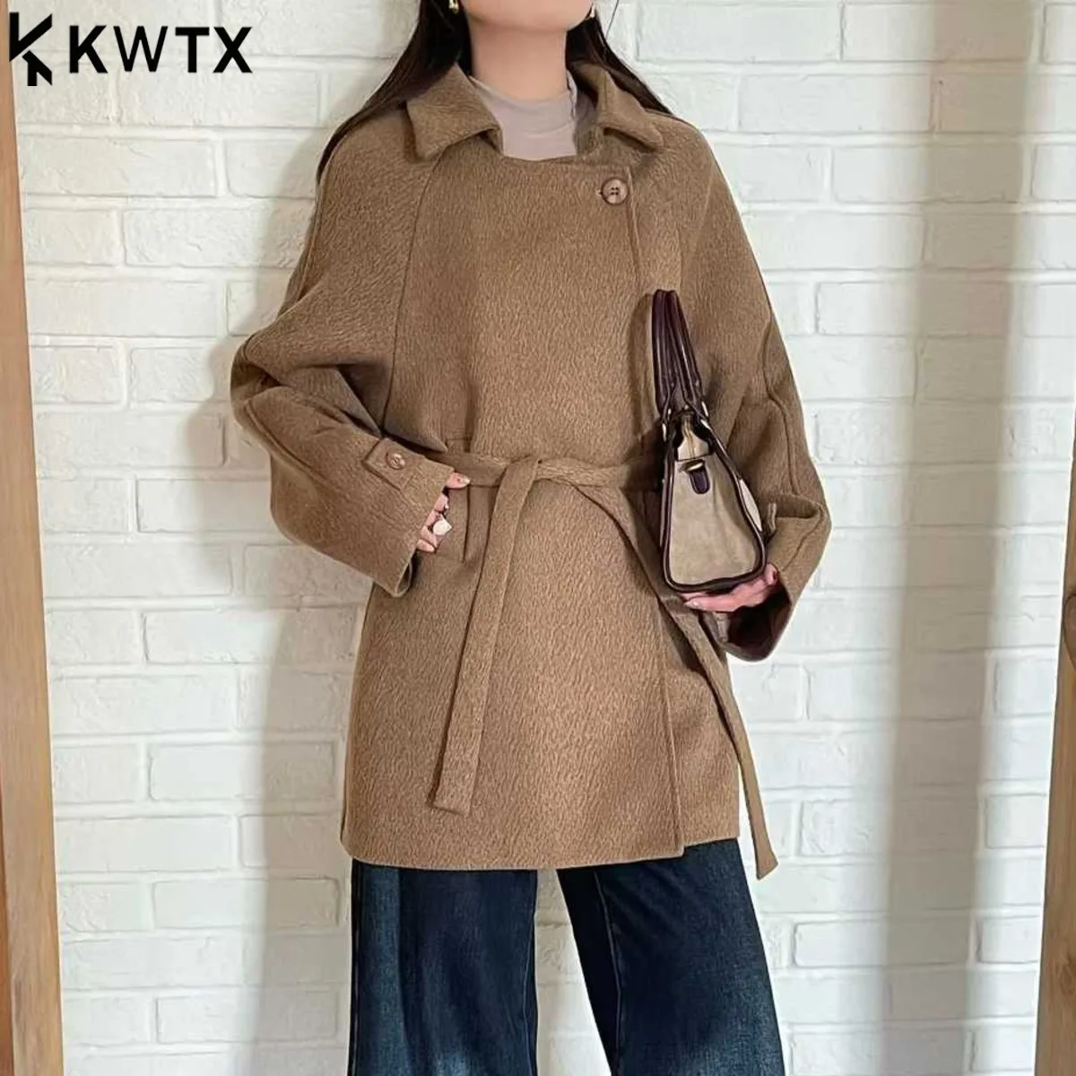 

KWTX 2025 женский двусторонний шерстяной плащ с поясом, элегантный винтажный осенне-зимний однотонный плащ с карманами на одной пуговице, роскошный шик