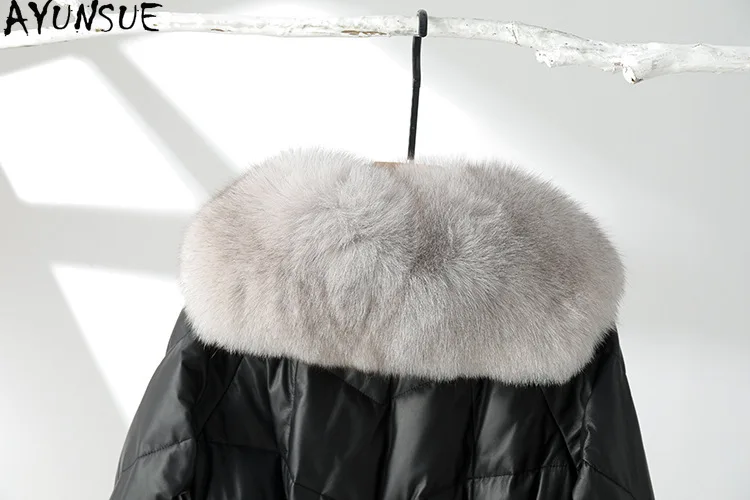 AYUNSUE Veste en cuir de mouton 100% véritable pour femme, manteau en duvet d'oie blanche, col en fourrure de renard, vestes en cuir de mode coréenne, 90%