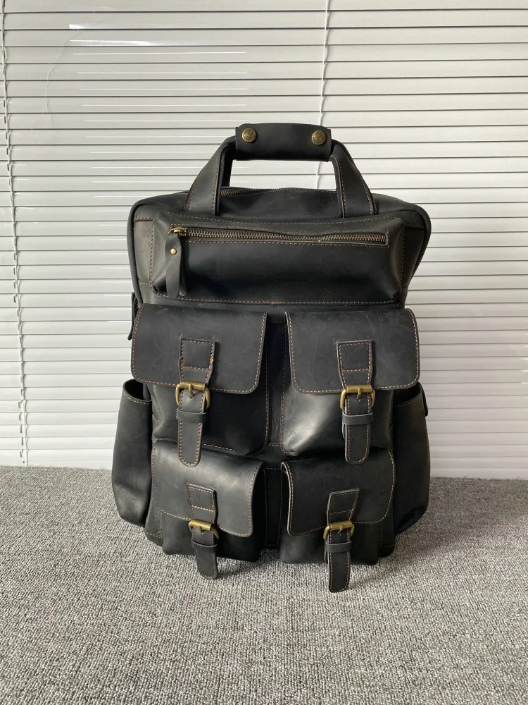 Mens Vintage Genuine Leather Backpack Multi Pocket Casual Laptop Bag Large Capacity Casual Cowskin Motorcycle Backpacks Male