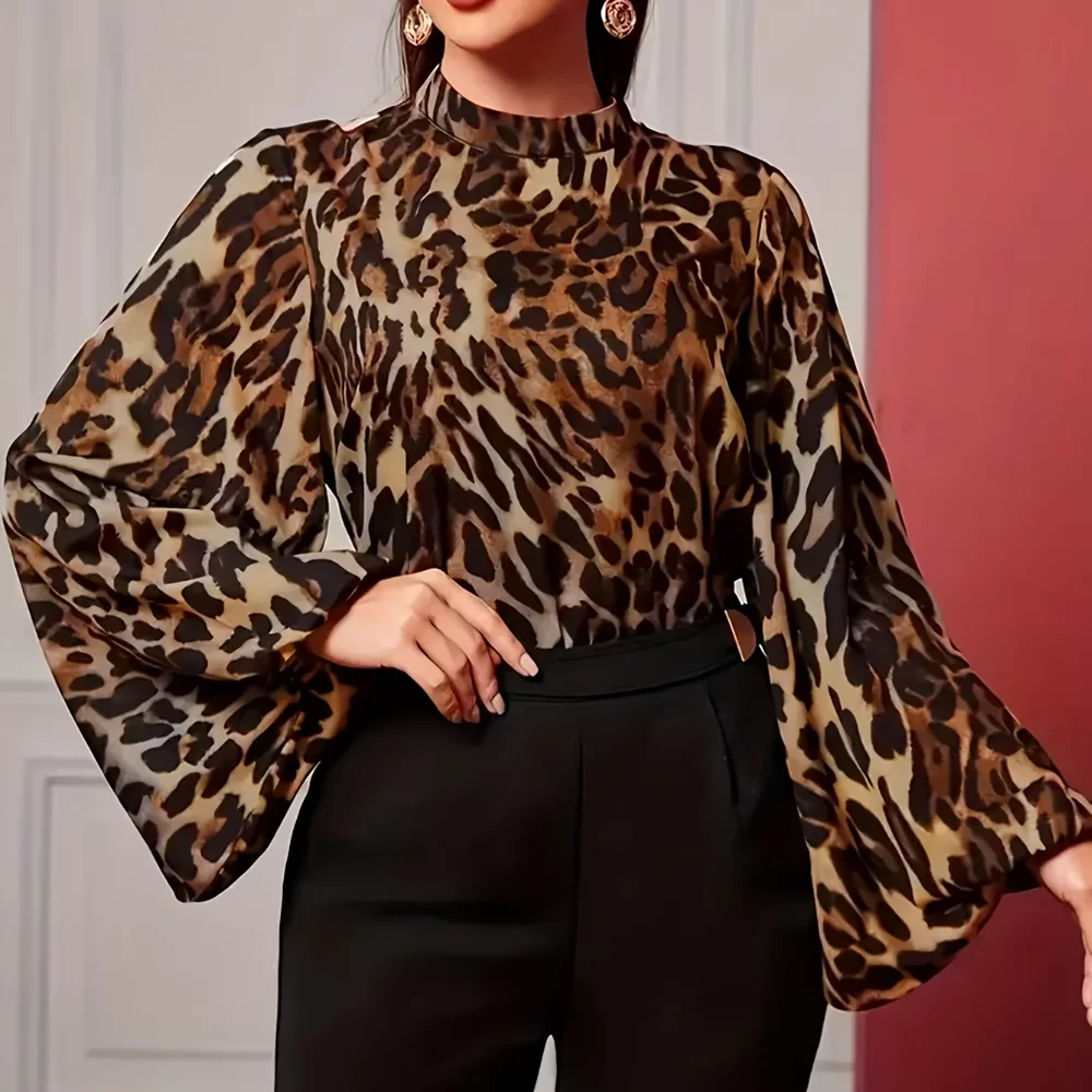 

Летняя классическая женская рубашка с леопардовым принтом, китайский воротник-стойка, свободные и широкие рукава.