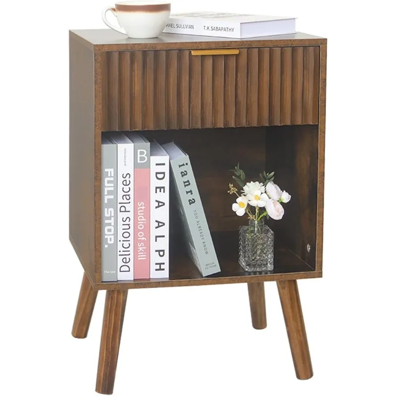 

Mid Century Modern Nightstand, Wood Bedside Table with Drawer and Opening Storage