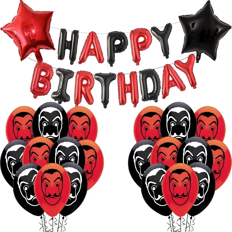 1set La Casa De Papeled Balloons Moneyed Heist Tees TV Series Crime Fans Latex Ballons Masks Black Red Birthday Decoration Toys