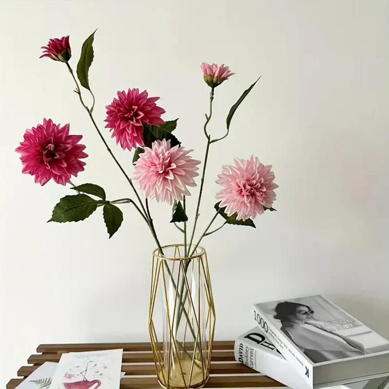 Lifelike artificial dahlia flower with 3 heads long branch silk flower for home wedding decor birthday party bedroom Decoration