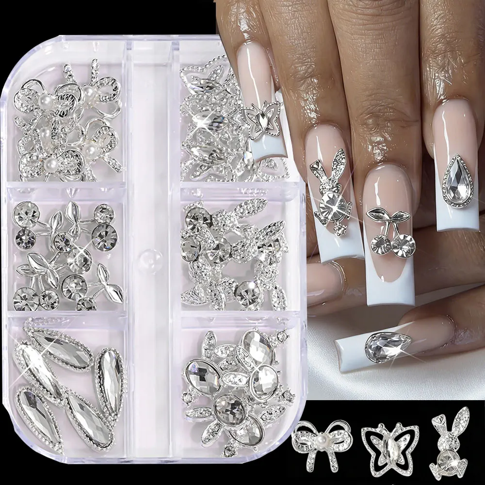 

30 шт. 3D милые прозрачные стразы для ногтей в виде вишневых бантиков и кроликов, Y2K, серебряные бабочки из сплава, блестящие украшения для ногтей 1-1,3 см, декор для маникюра